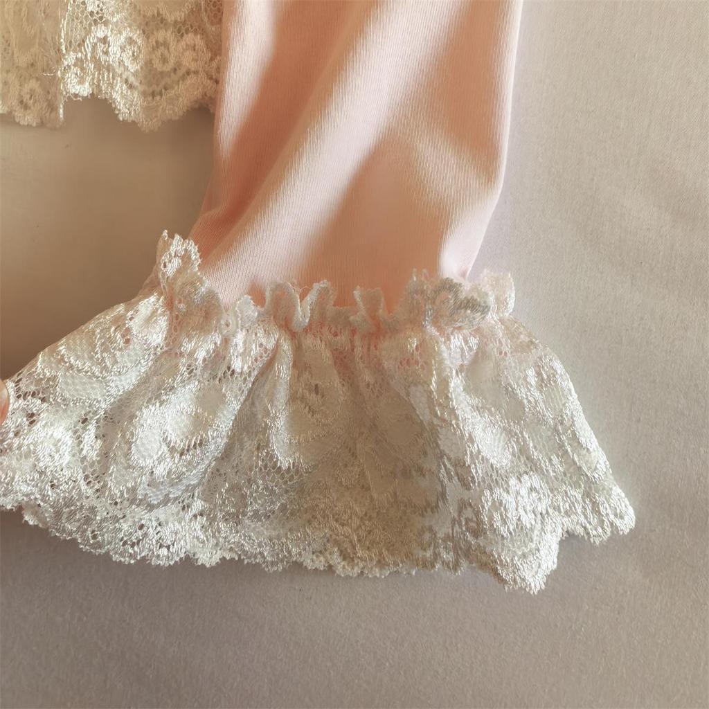 Women's Lace-Trim Pajama Set with Chest Pads - Long Sleeve & Pants, Sweet Influencer Style, Cotton Homewear for All Seasons