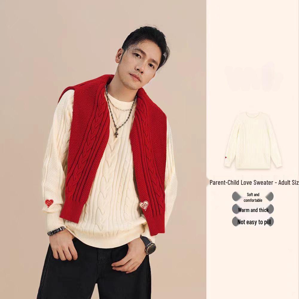 Family Matching Red Twist Pattern Sweaters - Festive Round Neck Pullover for New Year, Winter Long Sleeve Children's Clothing
