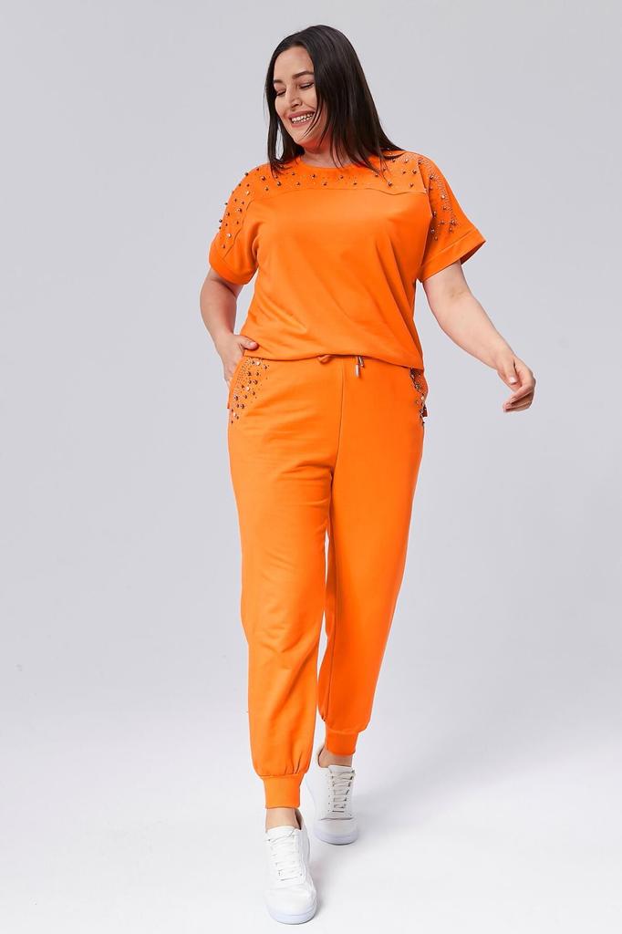 Set de trening de marime mari la moda pentru dama Set de trening de vara verde cu maneca scurta, detaliat cu piatra si margele