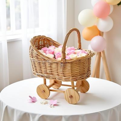 Cesta de Flores de Vime Trançada à Mão Carrinho de Mão Pequeno com Alça para Arranjos Florais Elegante Caixa de Presente para Frutas