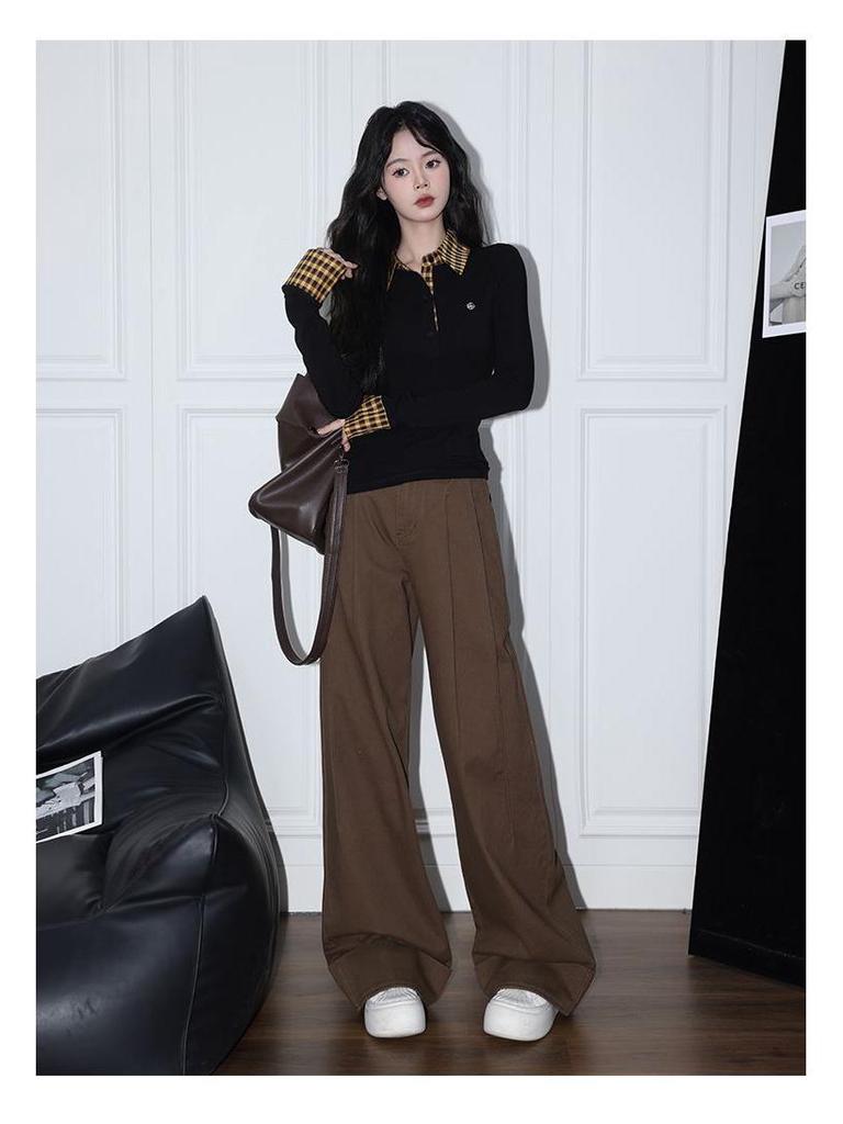 Design Sense Women's Plaid Patchwork Long Sleeve Collared Slim-Fit T-Shirt for Autumn