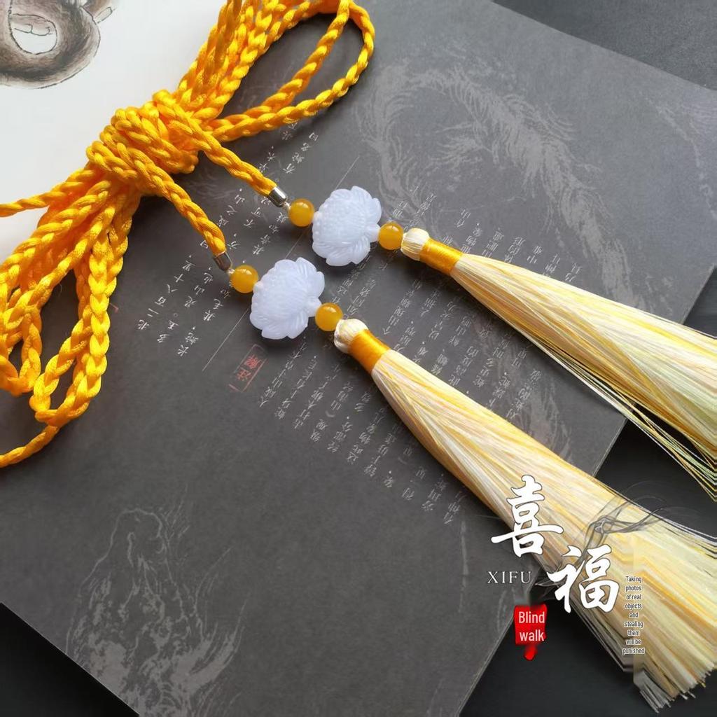 Ming Dynasty Daoist Robe Waist Rope with Jade Pendant Tassel - Unisex Hanfu Palace Ribbon Accessory