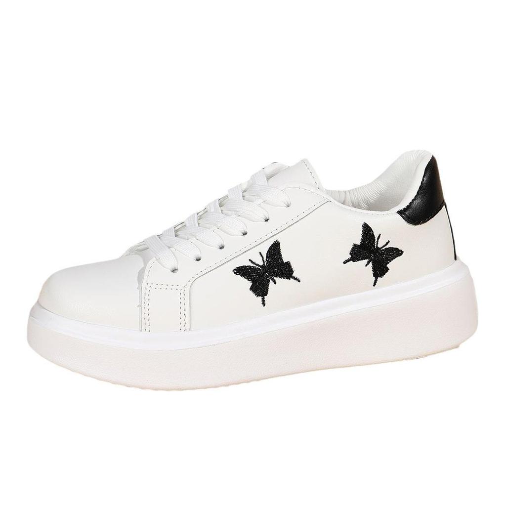 "2024 Women's White Butterfly Embroidered Low-Top Sneakers - Spring/Summer Korean Style, All-Match, Large Sizes Available"