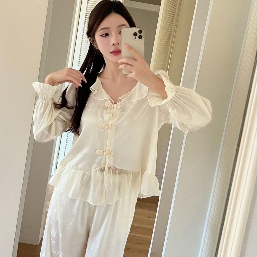 Ice silk jacquard autumn new pajamas women's Japanese sweet long-sleeved court style girl loungewear Xiaoxiangfeng pajamas