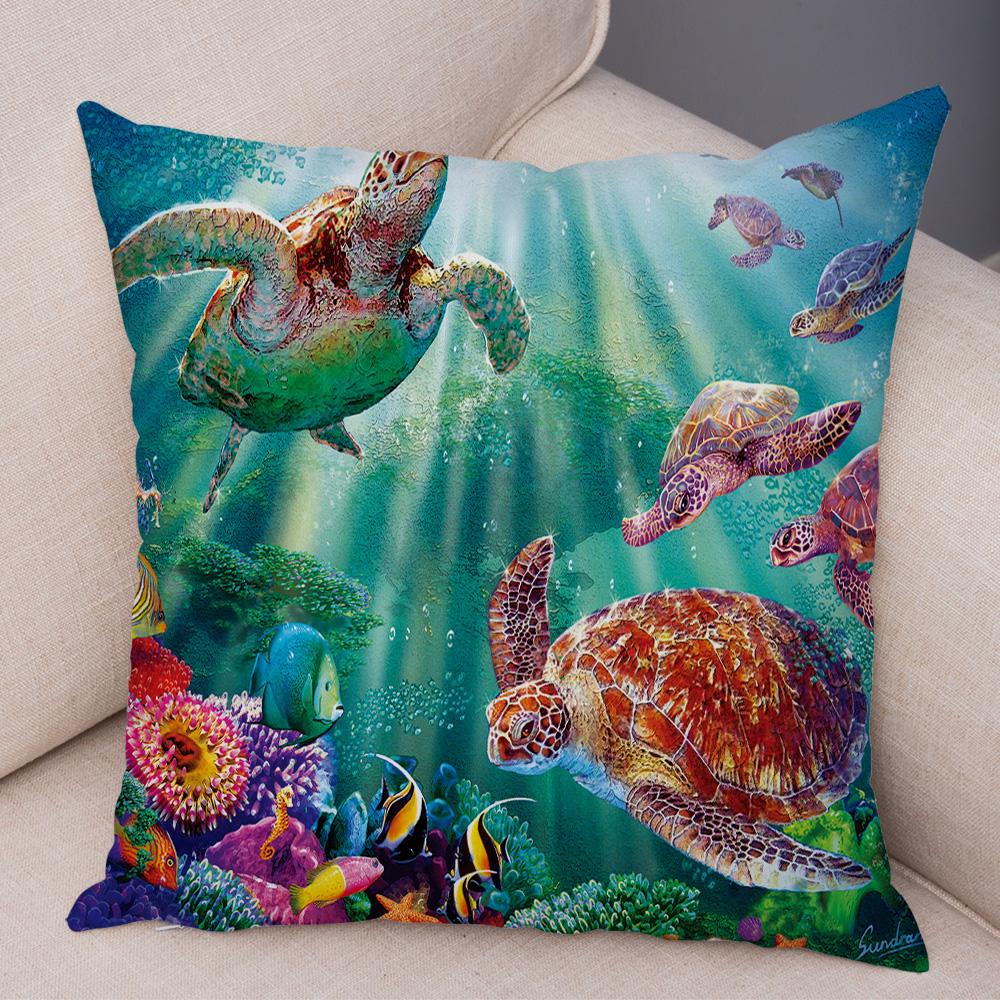 Marine Turtle Dolphins Shark Cushion Cover Short Plush Decor Colorful Ocean Animal Pillowcase Pillow Case for Sofa Home Car