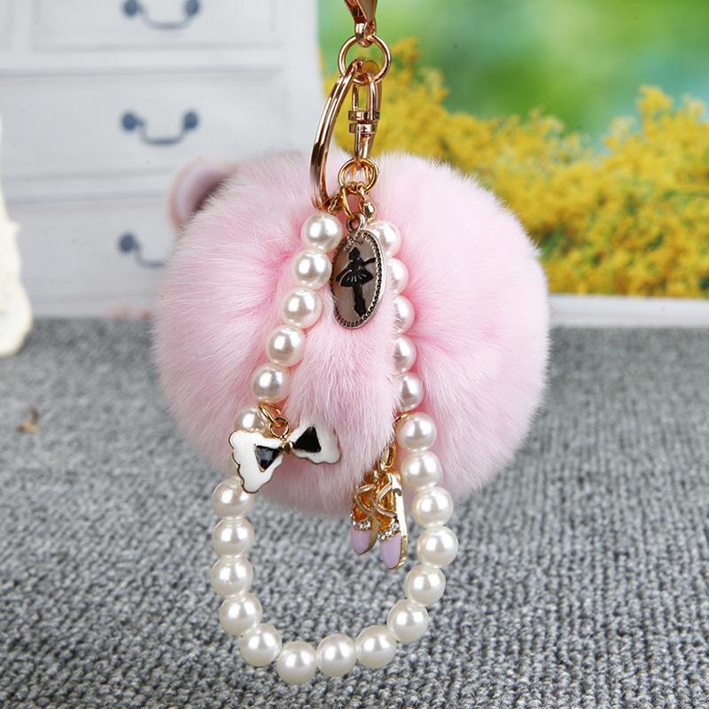 Fashion Pompom Keychain Number 5 Faux Fluffy Crystal Bottle Bow Pearl Chain Women handBag Car Key Chain Ring Keychains Jewelry
