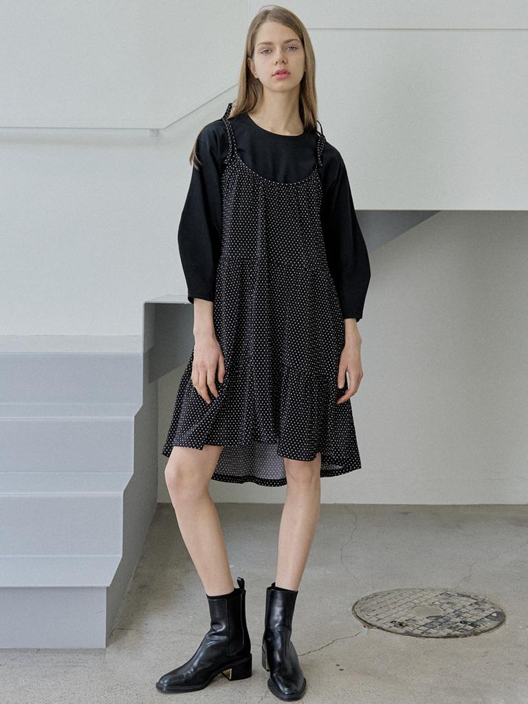 Avang Dot Ribbon Shirring Mini Dress - Black
