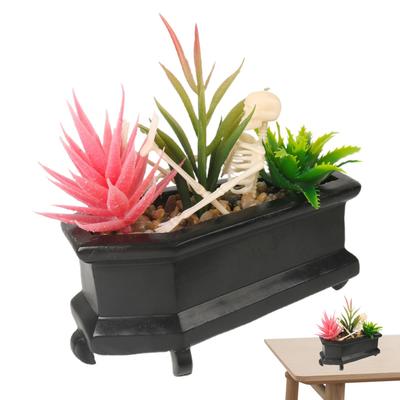 Halloween Skull Fake Plants Ornaments Handmade Resin Coffin Decor Flower Pots With Artificial Succulents Plants Desktop Props