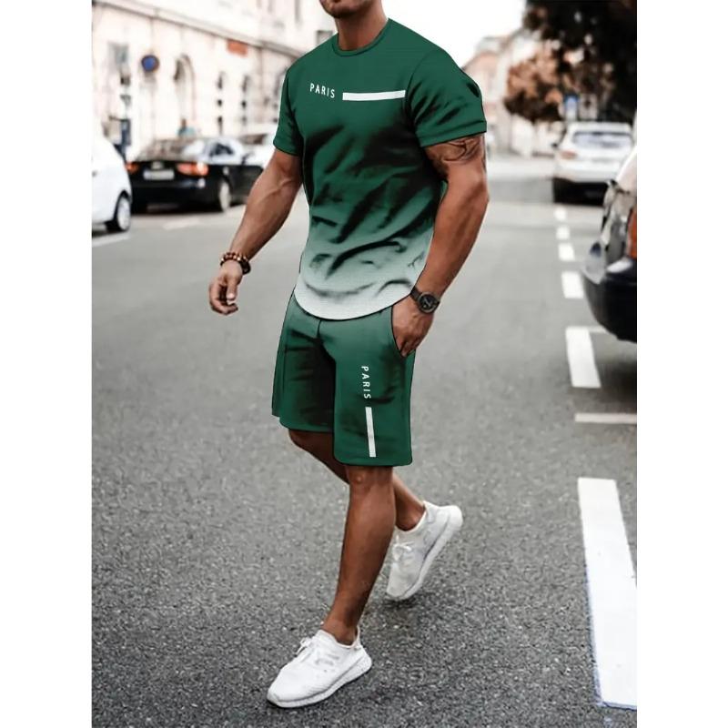 Summer Men's Gradient Color 3D Color Printed Fashionable Comfortable Casual Sports Daily Short Sleeved Two-piece Sport Wear