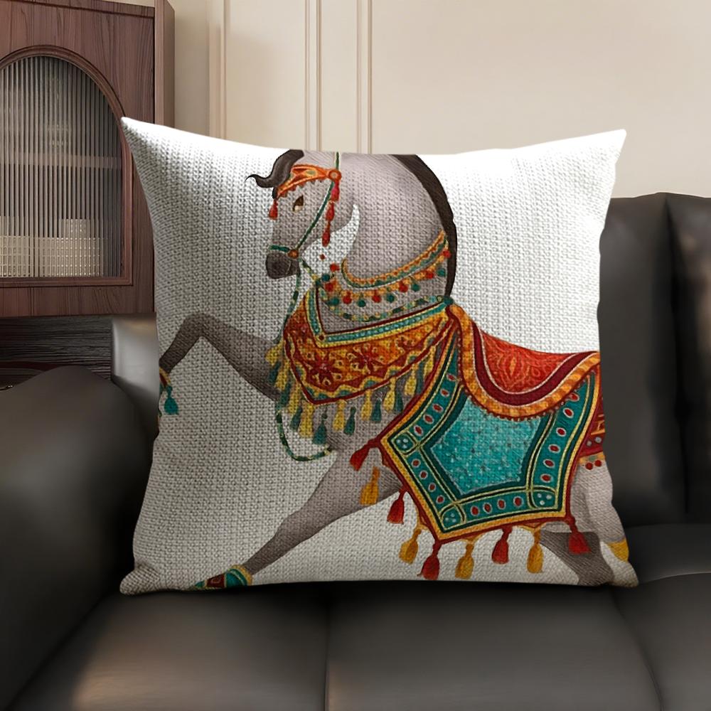 Artistic Retro Horse Cushion Cover Natural Linen Organic Fabric DoubleSided Printing Sofa Home Decor Breathable