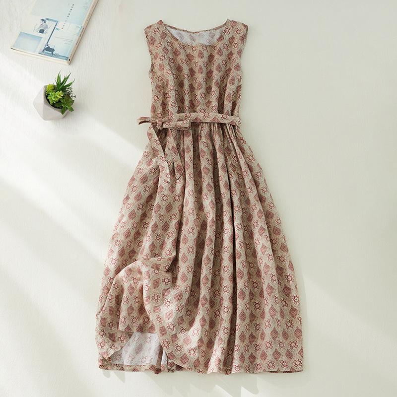 Light Pink Plaid Sleeveless Cotton Linen Dress - Summer 2026 Over-the-Knee