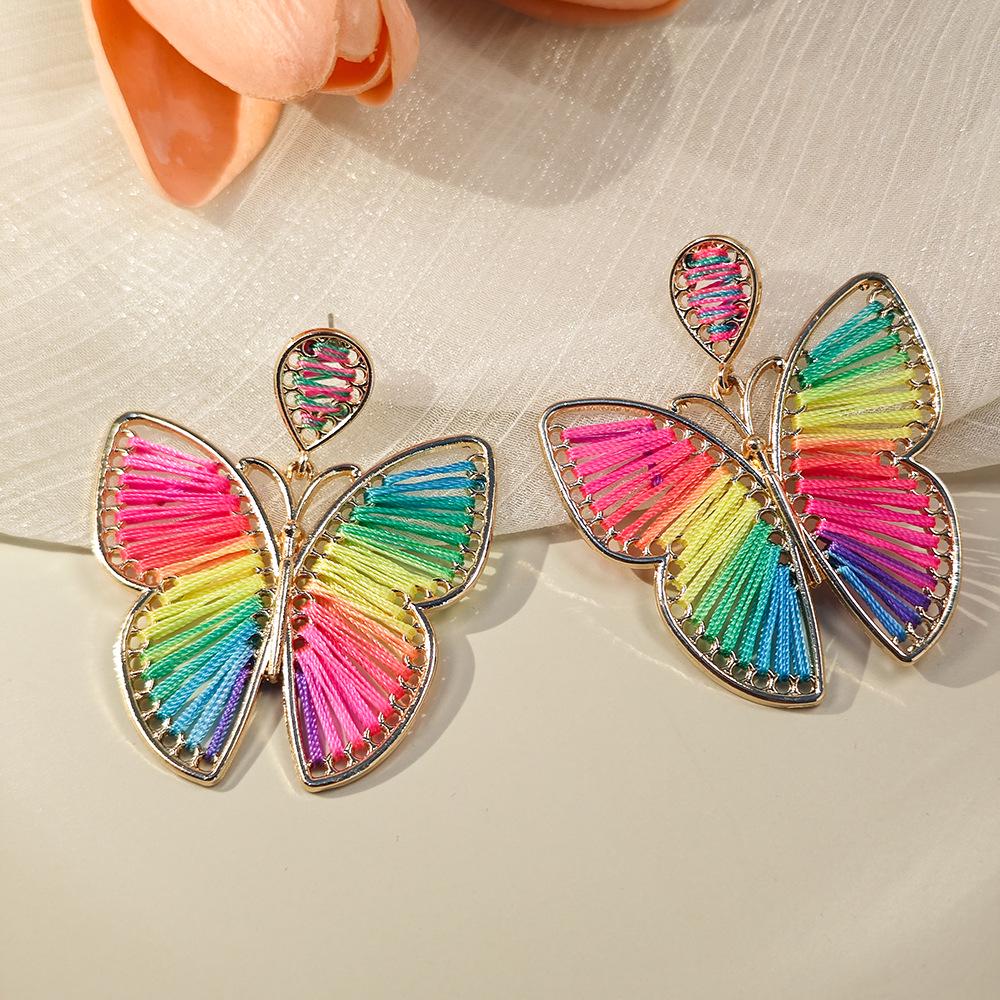 Bohemian Ethnic Cotton Thread Color Block Butterfly Earrings for Women