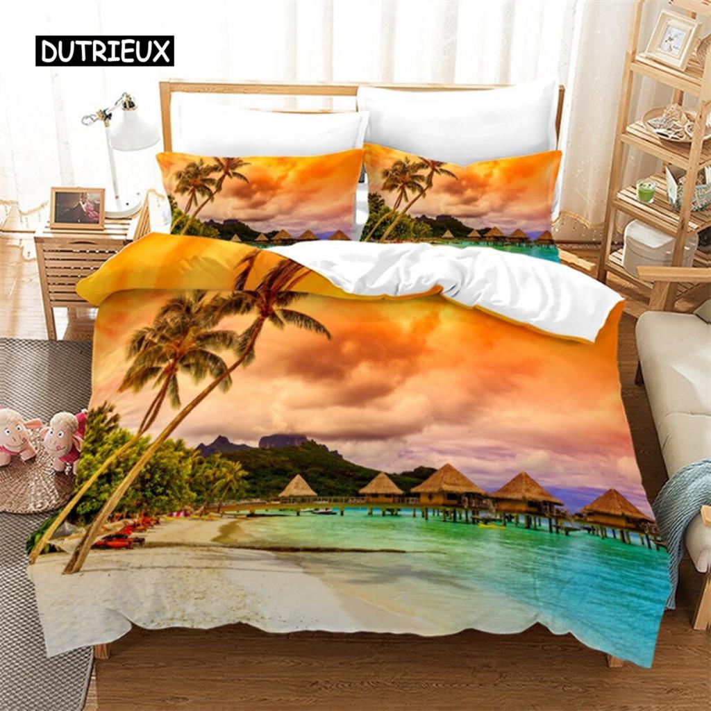 Beach Scenery Duvet Cover Summer Hawaii Landscape Bedding Set Twin Full King For Girl Boys Microfiber Tropical Trees Quilt Cover