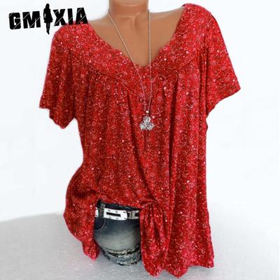 T-shirt stampata a maniche corte con scollo a V e stampa larga da donna, estate e primavera
