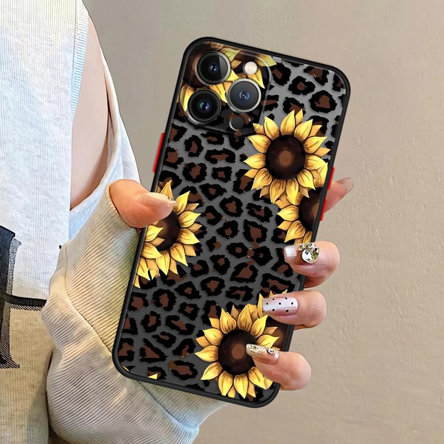 Funda Back Phone Cover Case for iPhone 17 Pro Max 15 14 7 8 SE 13 Mini 11 Air XS XR 16 Plus 12 Leopard-patterned Sunflower