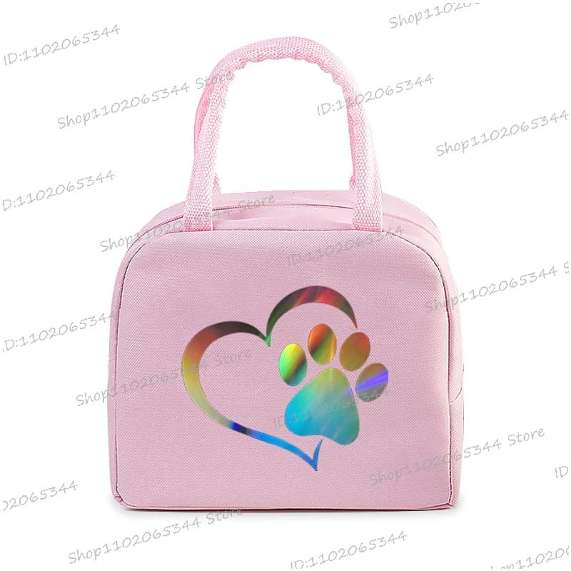 Colour Heart Cat Dog Paw Print Portable Lunch Bag Women Men Kids Food Thermal Box Multi-function Office Bento Insulated Handbag