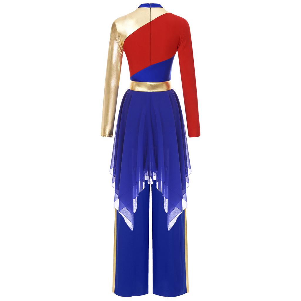 Dámský lyrický taneční outfit Dlouhý rukáv Color Block Patchworkové šaty Nepravidelný lem Kalhoty se širokými nohavicemi Vystoupení set