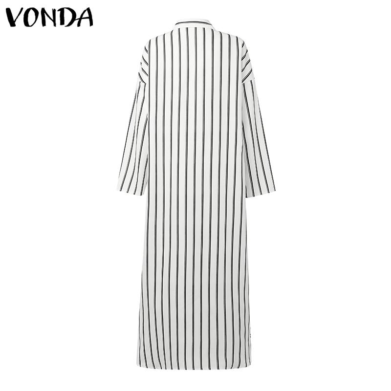 VONDA Women Turn Down Collar Casual Long Sleeve Striped Baggy Maxi Long Dress