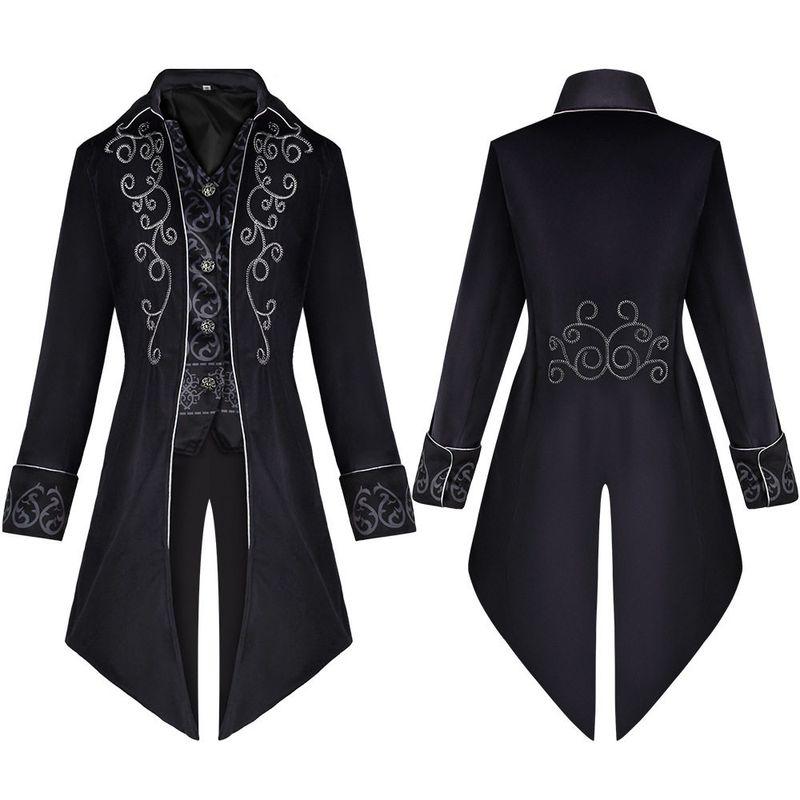 Halloween Swallowtail Cosplay Costume Medieval Retro Clothing Mid-Length Punk Men s Cosplay Coat European and American New Style Silver-Trimmed Black Tuxedo XXL