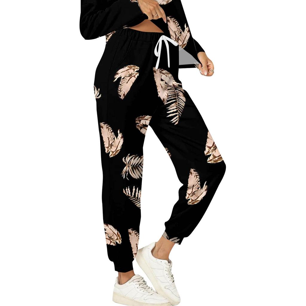 Sets für Damen 2-teilig Rundhals Langarmshirts Bedruckte Jogginghosen Taschensets