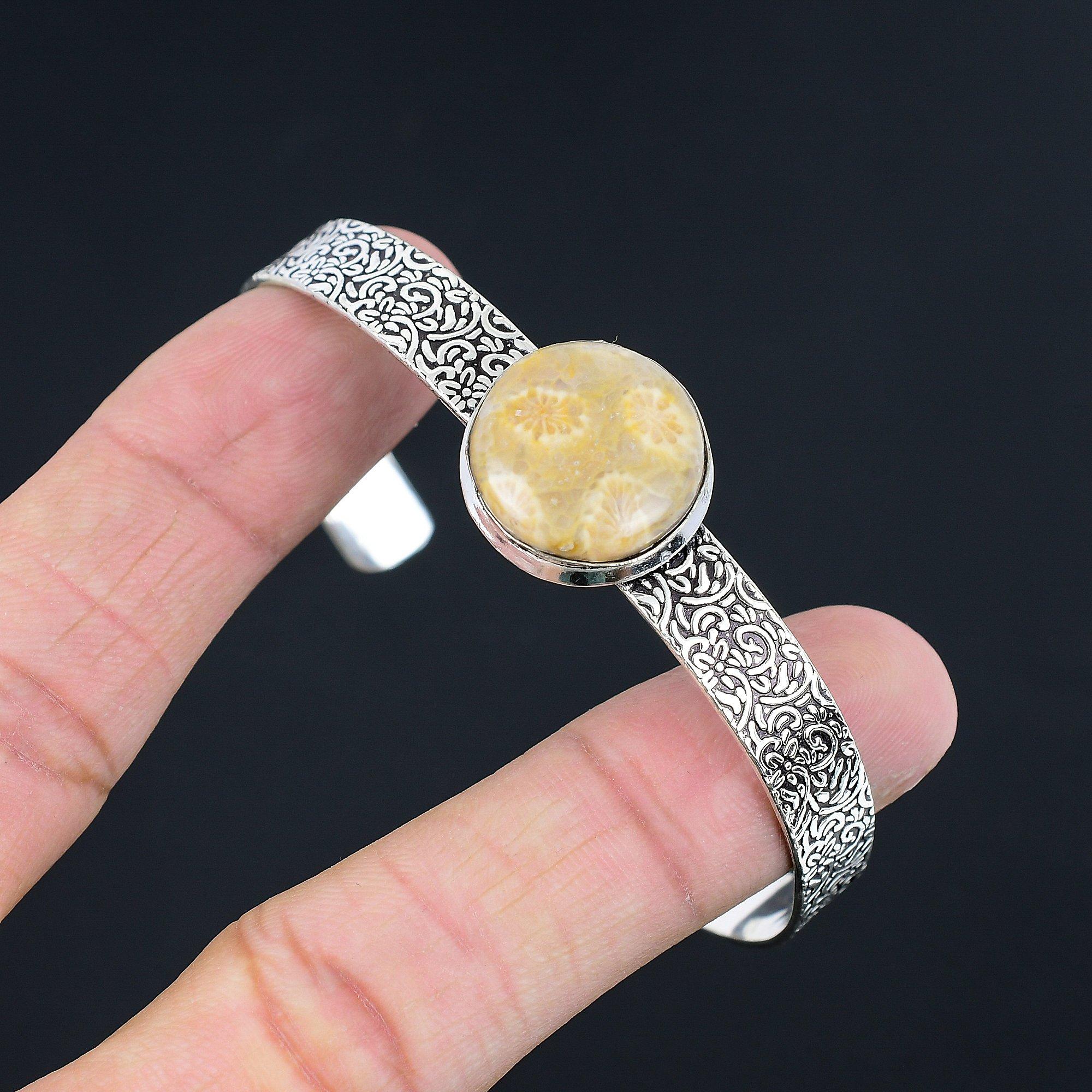 

Halloween Deal 925 Sterling Silver Round Natural Fossil Coral Daughter Bangle Adjustable