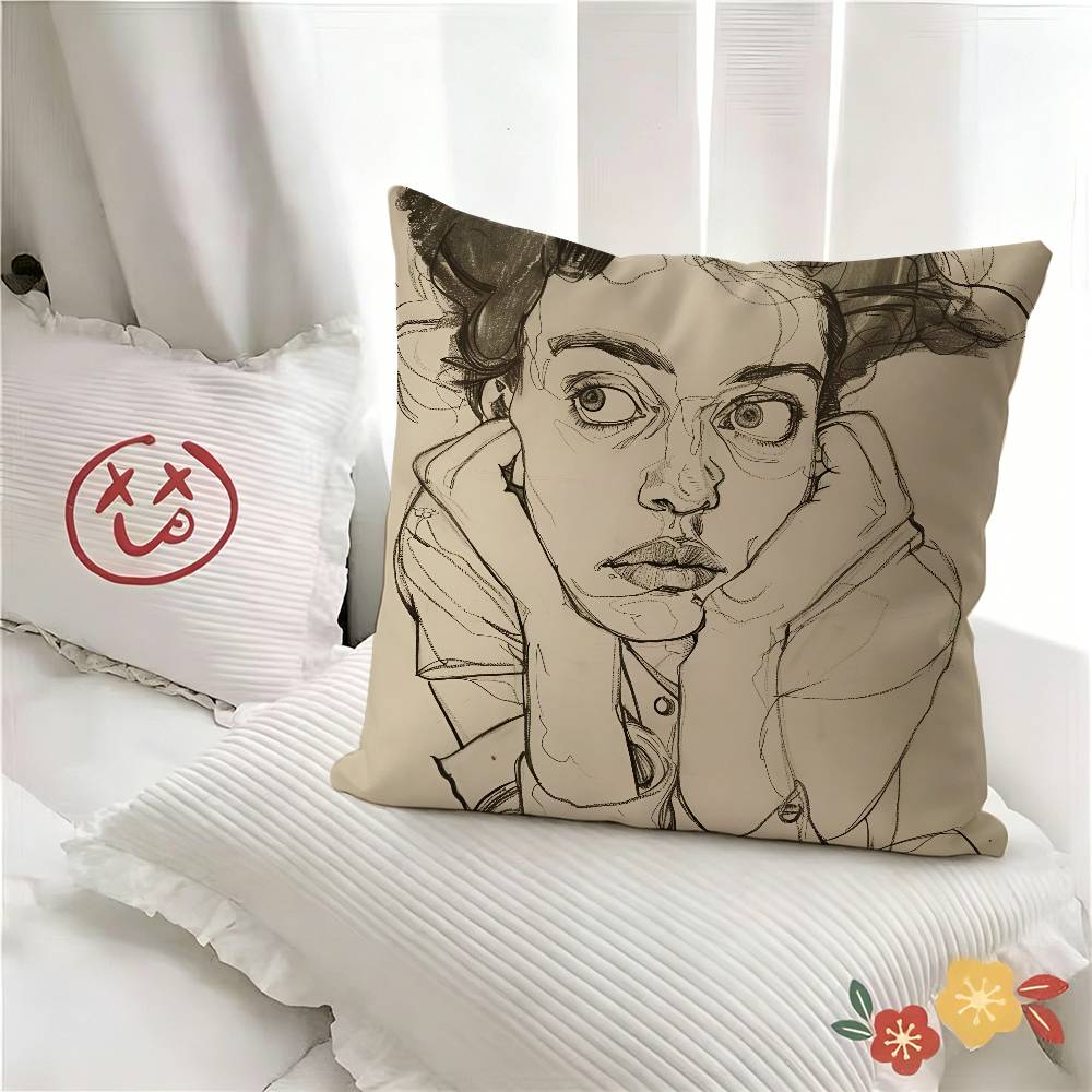 Egon Schiele Body Color Delineation Sketch Figure Pillow Case Fashion Square Pillowcase Bedroom Sofa Room Ins Decoration Leisure