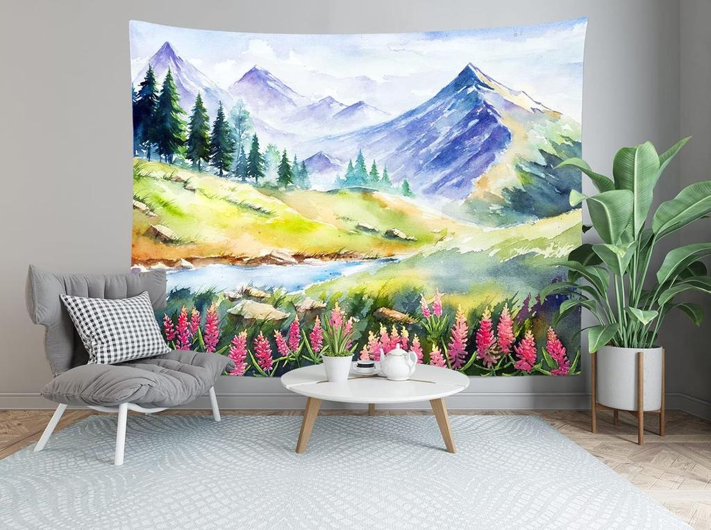 Loccor Mountain Watercolor Tapestry Spring Scenery Wall Tapestry Mountain Lake Forest Tapestries Nature Wall Art for Home Office