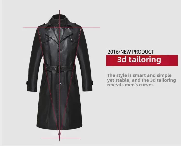Men's Long Sheepskin Leather Winter Jacket with Velvet Lining, Windbreaker, Soft Leather Suit Collar