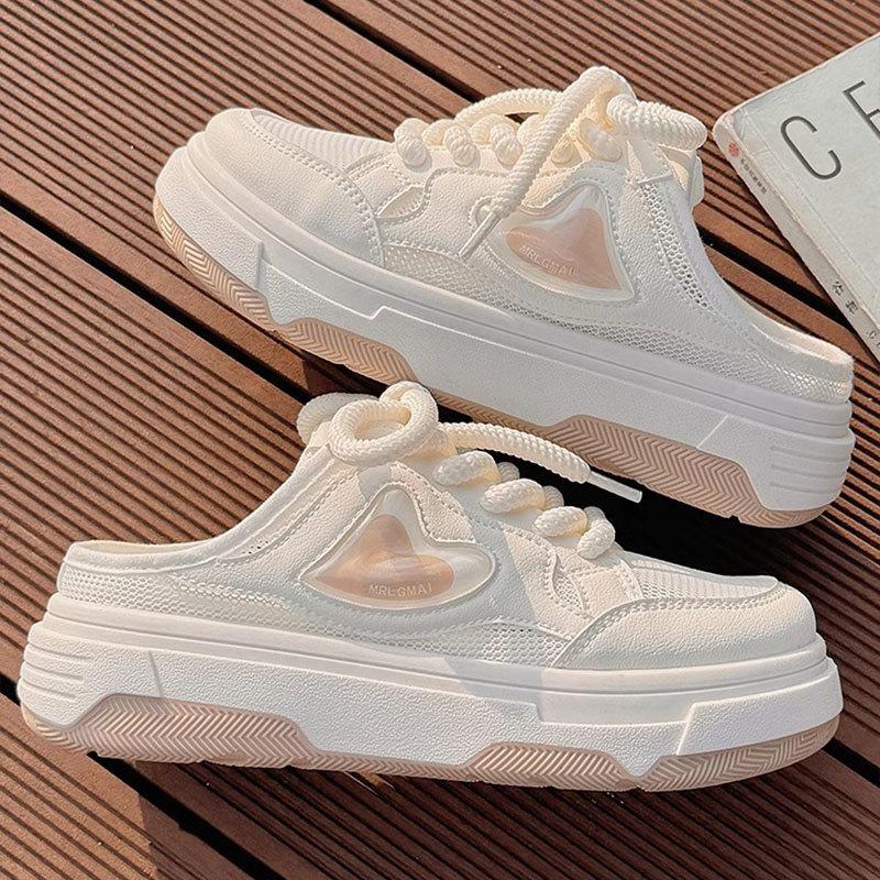Summer half slippers women's 2025 new breathable thin mesh mesh shoes platform casual one-pedal lazy little white shoes