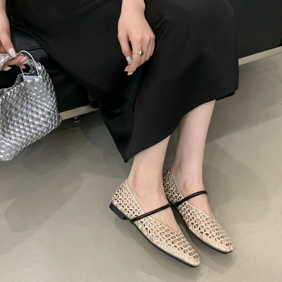 2025 summer new hollow woven mesh sandals women's word with flat bottom low heel Mary Jane shoes