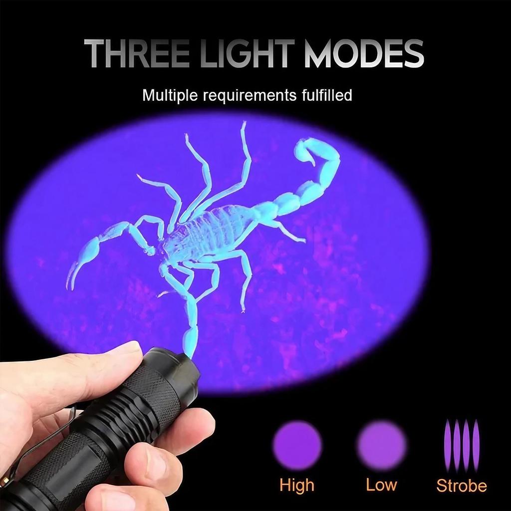 UV LED Flashlight 395nm 365nm 3 Modes Zoomable Blacklight Pet Urine Scorpion Detection Portable Light