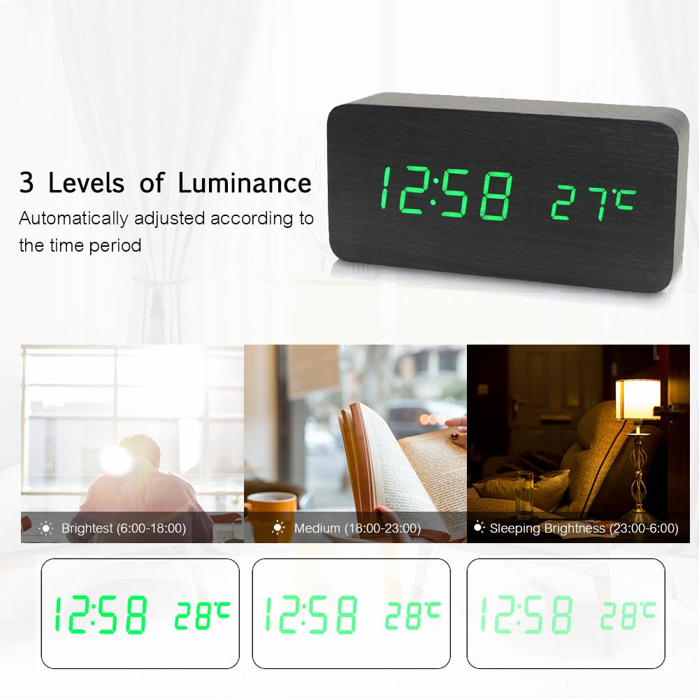 

Electronic LED Digital Wooden Alarm Clock Time Temperature Date Display Desktop Clock 3 Levels Brightness Voice Green LED чёрный