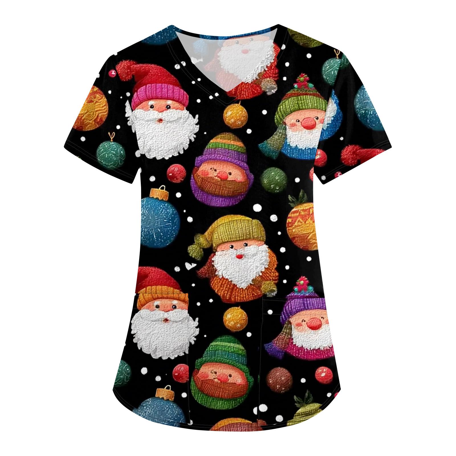 

Женская свободная униформа с V-образным вырезом, короткими рукавами и рождественским принтом M чёрный