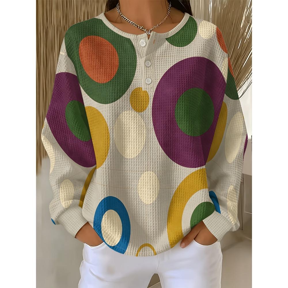 Waffle- Sweatshirt Featuring a Vibrant Large Design with a Three-button Round Neckline and Long Sleeves Top