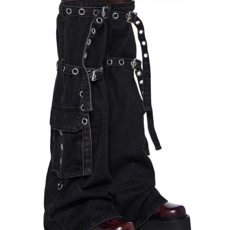 Womens Harajuku Punk Denims Flared Leg Warmer Metal Buckled Straps Pocketed Cargo Boot Cover Long Stockings Streetwear