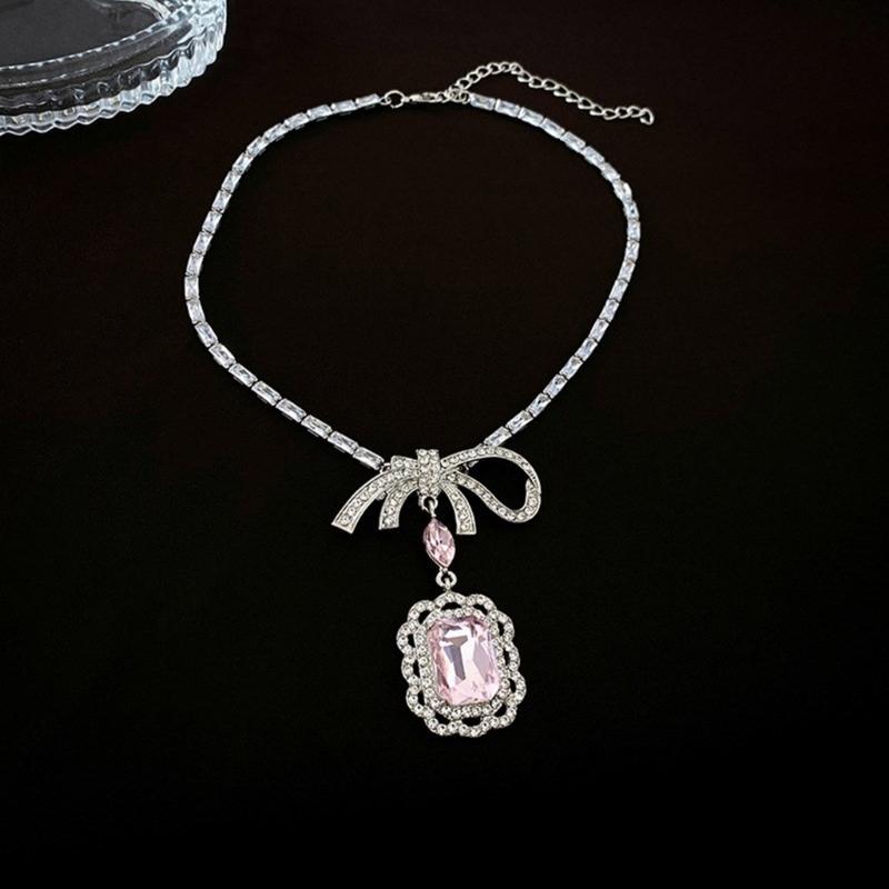 Elegant Square Crystal Pendant Necklace/Earring Chic Bowknot Jewelry Accessories Perfect for Daily Wear and Parties