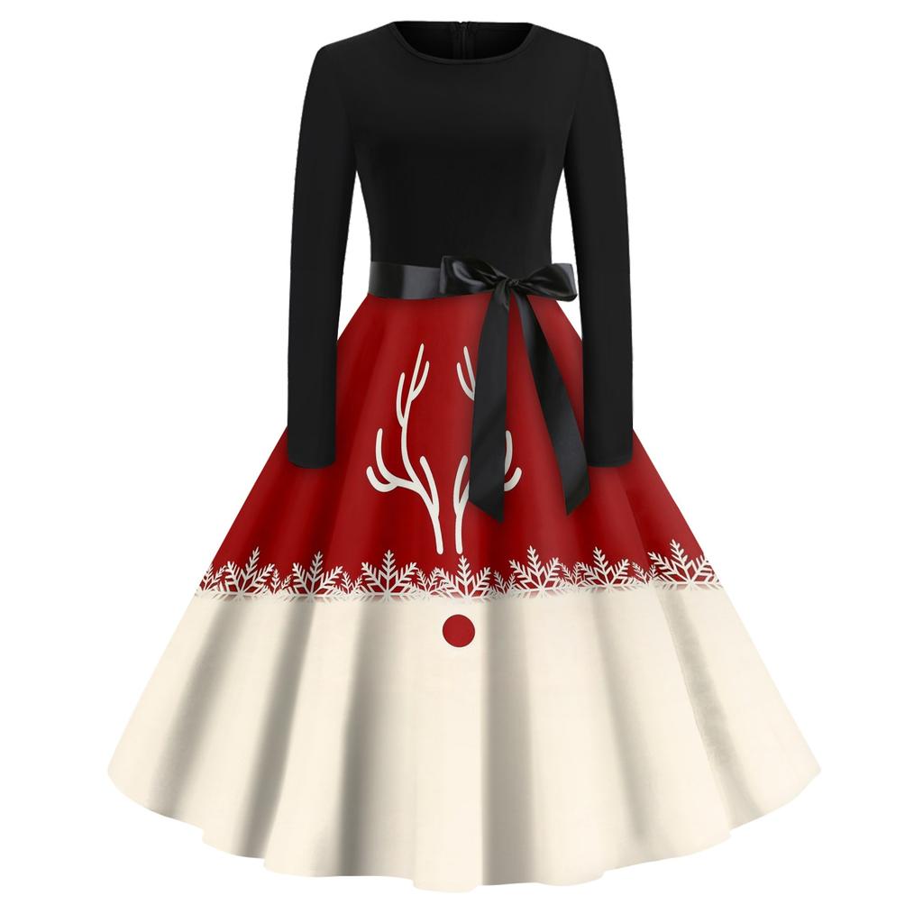 Women's Vintage V-Neck Christmas Print Casual Dress for Holiday Party