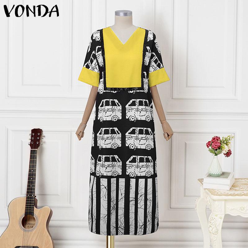 

VONDA Summer Women Half Sleeve Striped Print Casual Long Maxi Robes Dress M жовтий