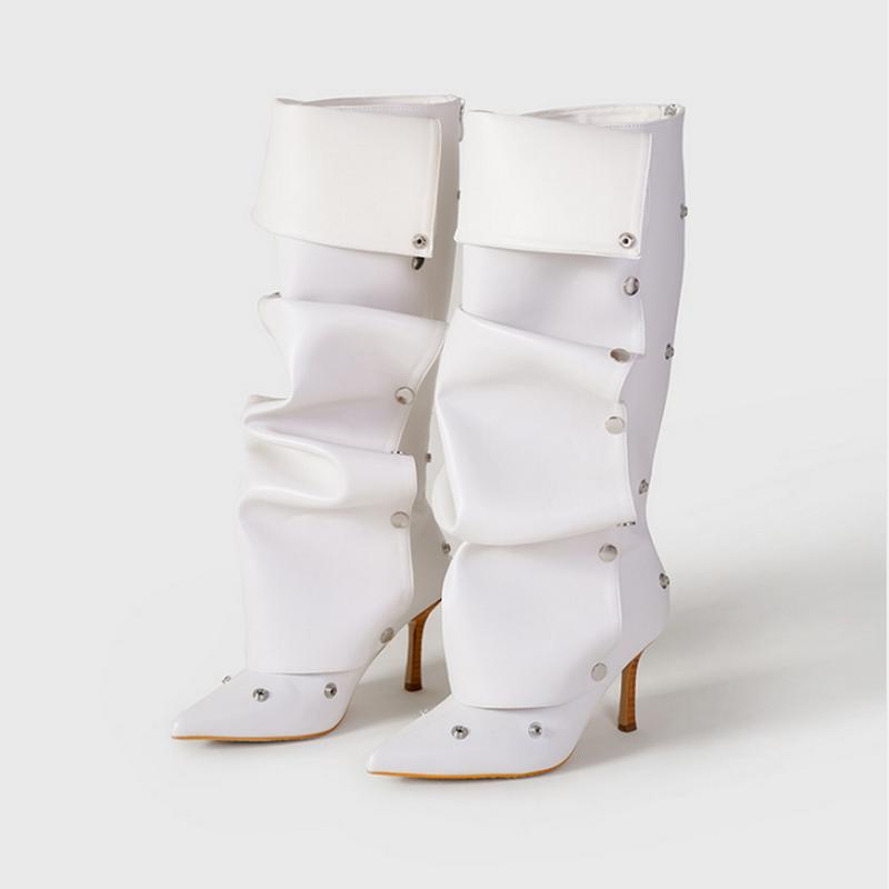 Fashion FHC 2024 New Women Knee High Boots, Denim Long Botas,Spring/Autumn Fashion Rivets Shoes,Pointed Toe,Black White,Brown,Dropship