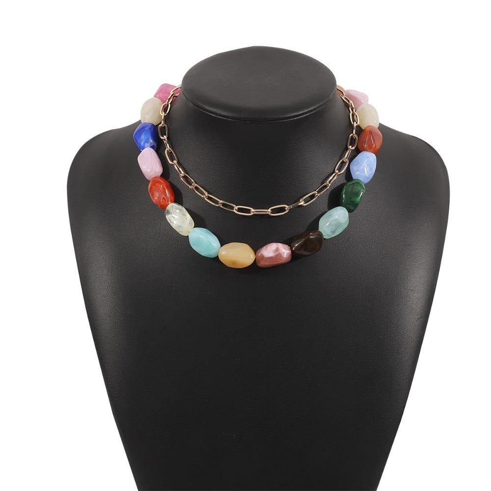 2Pcs/Set Stone Colorful Resin Necklace Bead Clavicle Chain Creative Stone Beads Short Choker  Girls
