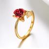 Anillo Abierto Flor Rosa Roja Hoja Flor de Pedrería para Mujer Anillo de Dedo Ajustable Joyería Regalo de San Valentín Compromiso