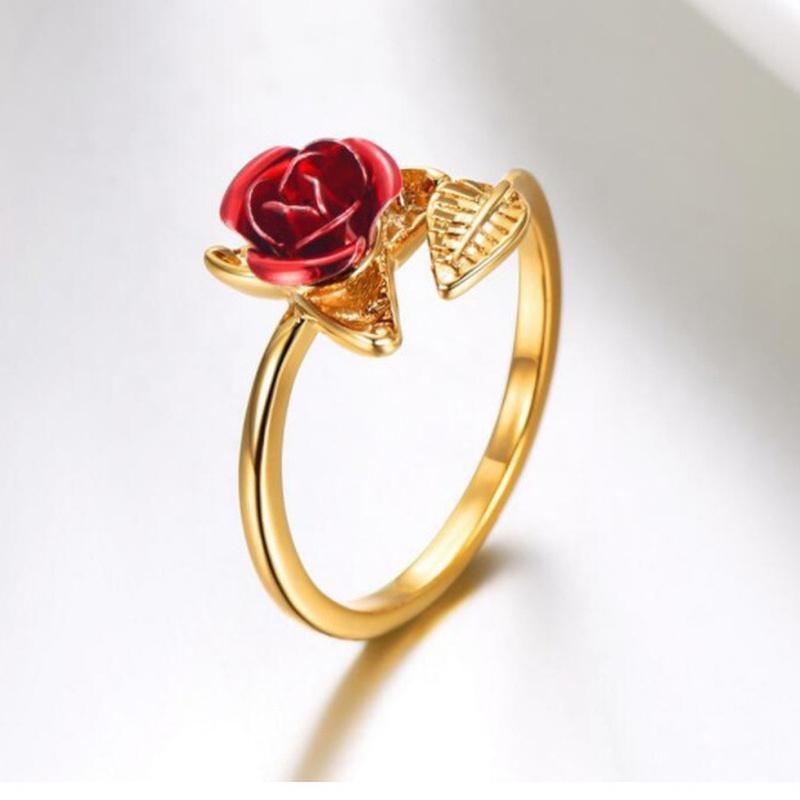 Anillo Abierto Flor Rosa Roja Hoja Flor de Pedrería para Mujer Anillo de Dedo Ajustable Joyería Regalo de San Valentín Compromiso