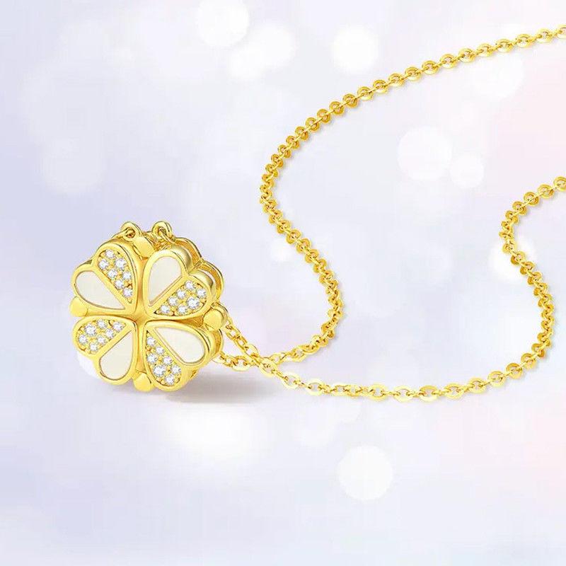 A Multi-use Mother-of-pearl Heart-shaped Four-leaf Clover Pendant Gold Titanium Steel Necklace for Women, Collarbone Chain, Valentine's Day Gift