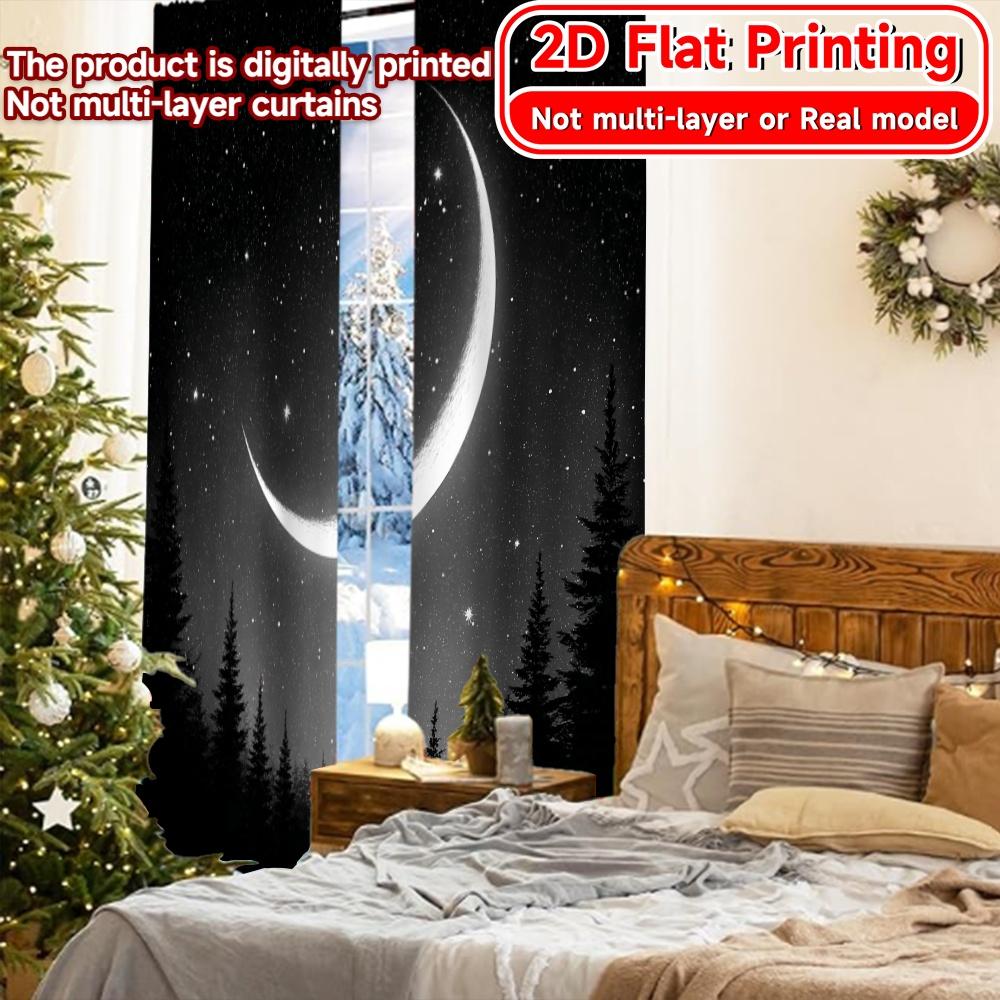 2D FLAT PRINTING 2pcs Curtains (Without Rod) Night Sky with Moon Modern Fashionable Curtainments During the April Fools Is Day