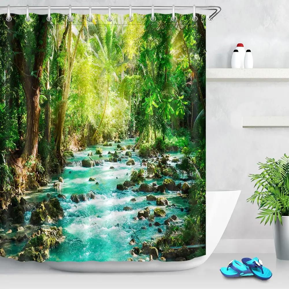 Park Garden Tree Flower Pond Nature Landscape Shower Curtain Bathroom Polyester Waterproof Fabric Curtains Home Bathtub Decor