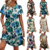 Women's Short Sleeve Floral Print Casual Dress Round Neck Waist Tie Pocket Lightweight Summer Dress