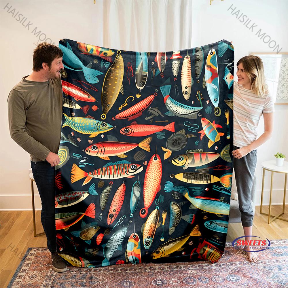 Fishing Lovers Blanket, Hook Bait Printed Soft Fuzzy Cozy Blanket for Couch Sofa Bed Lounging, Ideal Gifts for Son Husband Dad