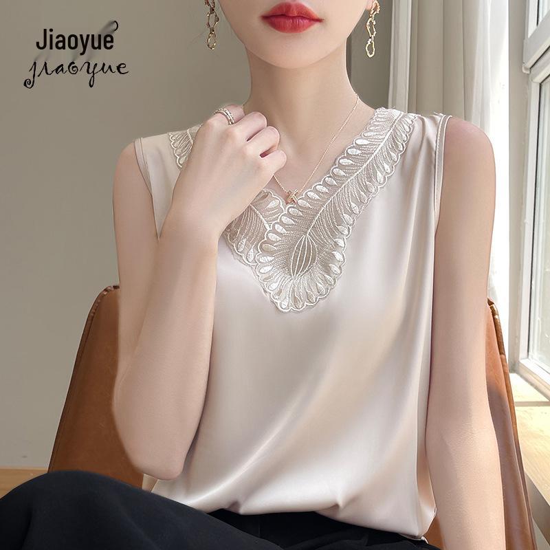

Silky Satin Lace V-Neck Sleeveless Camisole - Women s Solid Color Jacquard Tank Top L білий
