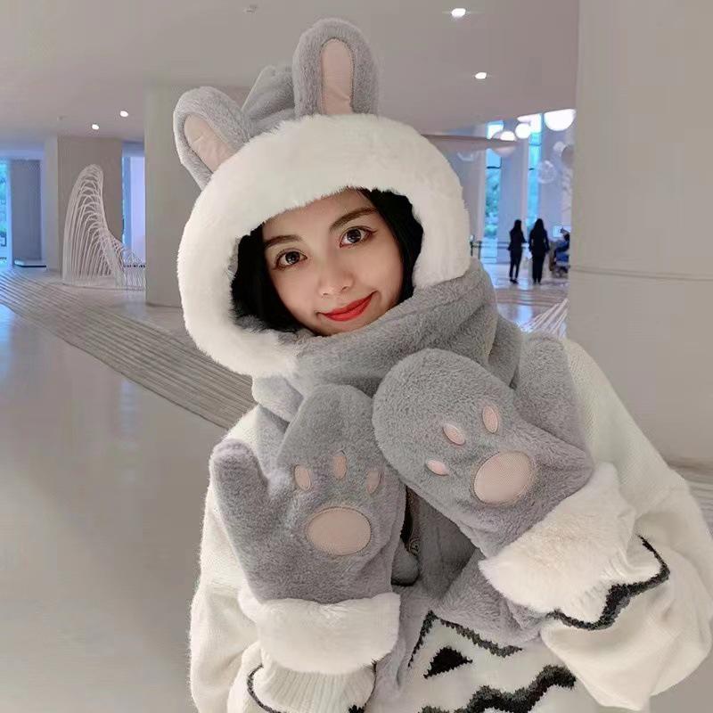Women's Fleece-Lined Winter Hat & Scarf Three-Piece Set with Gloves and Hooded Rabbit Ears