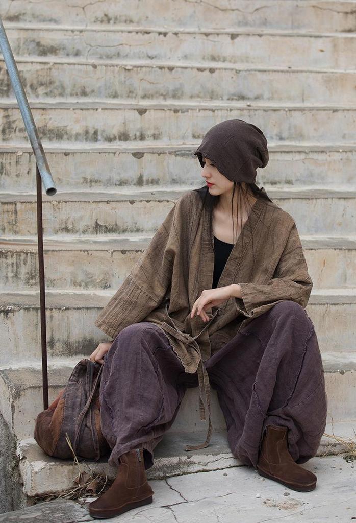 Women's Zen-Style Tie-Dye Pleated Cotton Linen Jacket with Lace-Up Oblique Lapel